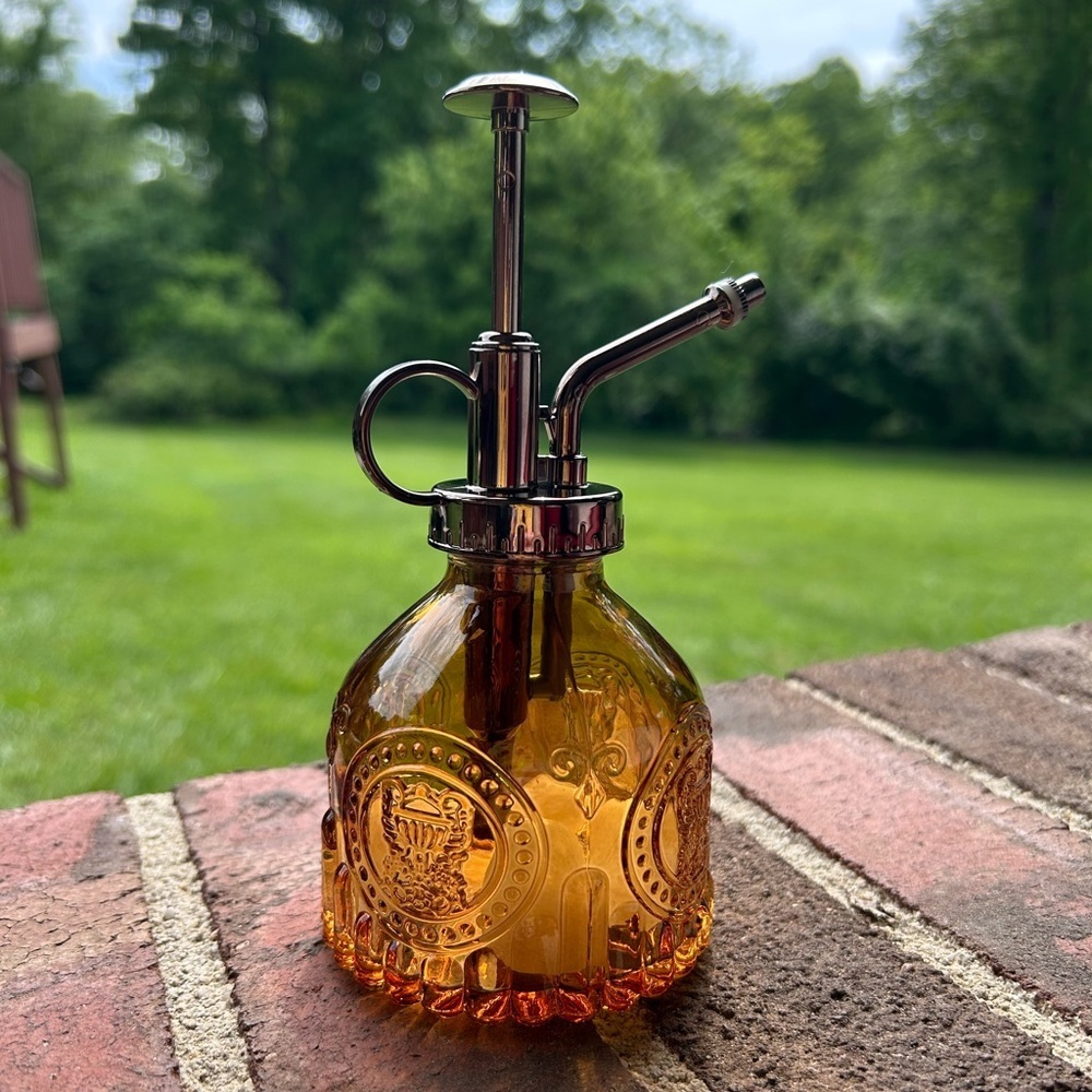 Amber Glass Plant Mister Filled with Milky Quartz